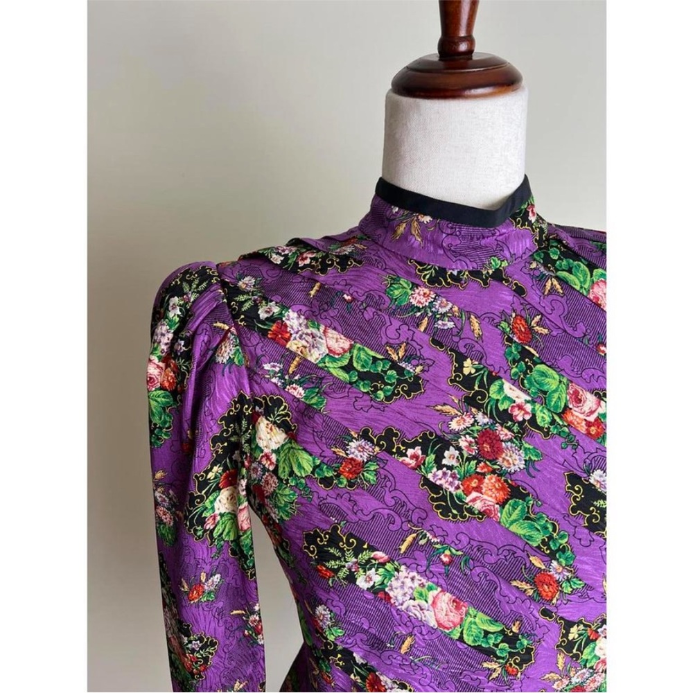 VTG Richard Warren 80’s Purple floral structured silk peplum mandarin Blouse 6P - Picture 14 of 16